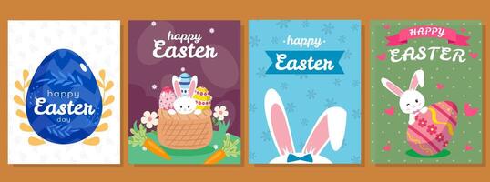 Happy easter card design with cute bunny and eggs in the basket, carrot and flowers on the grass vector