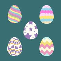 Five Easter eggs with various patterns and colors stripes, polka dots, stars, and waves on a teal background. vector