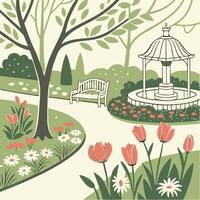 A garden scene with a fountain, trees and flowers vector