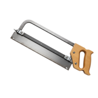 A close up view of a coping saw with a wooden handle and metal frame against a plain backdrop transparent background png