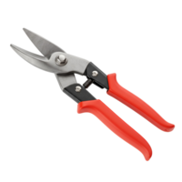 Isolated image showing metal shears with red handles on a plain surface studio photography style view transparent background png