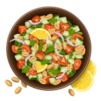 Overhead view of a vibrant salad with tomatoes cucumbers peanuts lemon and red onion in a brown bowl transparent background png