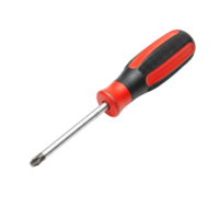A red and silver screwdriver with a phillips head on a plain setting in a studio environment view transparent background png