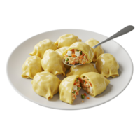 Plate of dumpling style food with a spoon holding one that is cut open showing the filling inside transparent background png