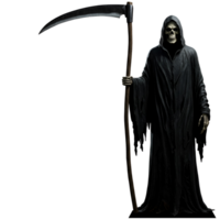 A grim reaper standing with a scythe against a plain setting in a hooded robe and skeleton face transparent background png