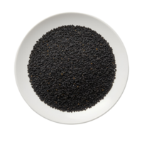 A white plate filled with a large quantity of small seeds evenly spread across its surface area view from above transparent background png