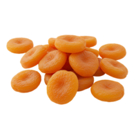 A scattered pile of vibrant orange dried apricots on a plain surface with a simple presentation style transparent background png