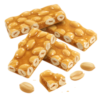 A view of peanut brittle bars stacked, with loose peanuts, on a plain surface for a sweet treat snack transparent background png
