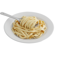 A plate of fettuccine pasta with a white spoon on a plain surface in a studio setting view transparent background png