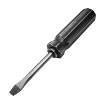 A closeup view of a flathead screwdriver tool with a silver blade on a plain solid backdrop transparent background png