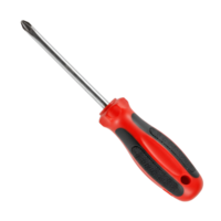 A single flathead screwdriver with a red and gray handle on a plain solid color space is displayed transparent background png
