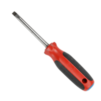 Isolated image of a flathead screwdriver with a red and gray handle on a plain backdrop transparent background png