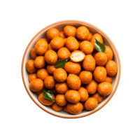 Aerial view of coated peanuts in a bowl with green leaves on a plain color isolated setting centered transparent background png