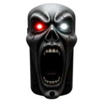 Robotic skull with glowing eyes screaming with mouth open and cracks on its surface in front view transparent background png