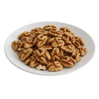 A white plate filled with many shelled walnuts arranged in a pile on a plain surface view from above transparent background png