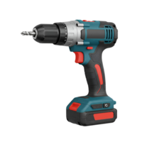 A teal and silver power drill with a red trigger and a bit in the chuck on a plain background transparent background png