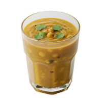 A glass of chickpea soup garnished with cilantro on a plain isolated solid color setting studio shot transparent background png