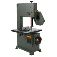 A stationary band saw with a gray body and a red blade guide on a plain studio type setting view transparent background png