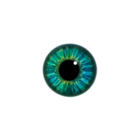 A close up view of an eye iris with a vibrant mix of teal and yellow colors on a plain background transparent background png