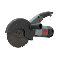 A gray and green circular saw with a blade guard on a plain surface in a studio setting indoors transparent background png