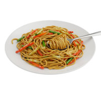 A plate of lo mein noodles with vegetables and a spoon holding some of the noodles up close view transparent background png