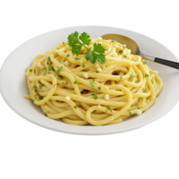 Plate of linguine pasta with garlic and parsley garnish served with a metal serving spoon on the side transparent background png