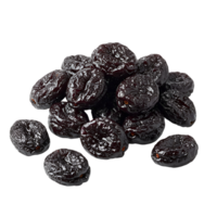 A pile of dried plums arranged together in a group against a plain solid color studio setting view shot transparent background png