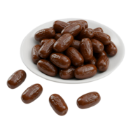 A view of chocolate covered raisins in a white bowl and scattered around the bowl on a surface transparent background png