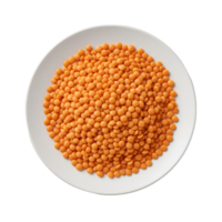 Overhead view of a white plate filled with a heap of vibrant orange lentils on a plain surface transparent background png