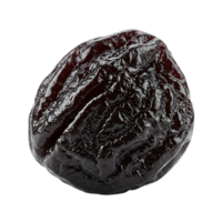 Close up view of a single wrinkled prune showcasing its texture and vibrant color on a plain setting transparent background png
