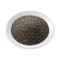A white plate filled with a large amount of chia seeds arranged in a dense and even distribution transparent background png