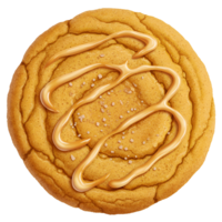 A single cookie with a caramel drizzle and salt sprinkles on a plain colored surface top view style transparent background png