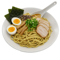 A close up view of a bowl of ramen with eggs, pork, seaweed, and green onions on a white plate transparent background png