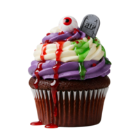 A spooky cupcake with colorful frosting and an eyeball and tombstone decoration on a plain background transparent background png