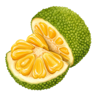 A halved jackfruit with a bumpy green rind and bright yellow segments against a plain backdrop transparent background png