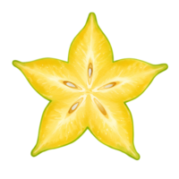 A vibrant yellow star fruit slice with seeds and green edges isolated on a plain background image view transparent background png