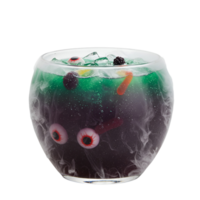 Festive halloween punch in a glass bowl with ice and gummy worms and eyeballs on a plain setting transparent background png