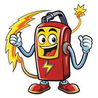 Animated, friendly fire extinguisher character with lightning bolt accents vector