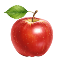 A single shiny red apple with a stem and a green leaf isolated on a plain transparent area transparent background png