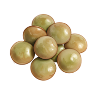 A pile of light green and tan colored candy spheres stacked together on a plain surface view from above transparent background png