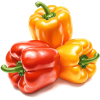 A vibrant still life featuring a cluster of colorful bell peppers on a plain presentation surface transparent background png