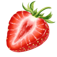 A vibrant illustration of a halved strawberry with visible seeds and green leaves on a plain backdrop transparent background png