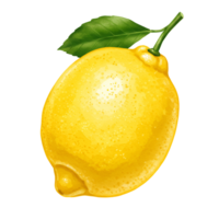 Illustration of a single lemon with a green leaf and stem against a plain isolated area transparent background png