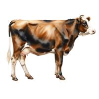 Illustration of a brown and white dairy cow standing in a profile view on a plain surrounding transparent background png