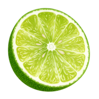 A vibrant green lime slice with visible segments and textured rind on a plain surrounding area transparent background png