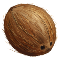 A single coconut with a fibrous husk and three visible eyes on an isolated plain presentation transparent background png