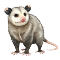 Watercolor illustration of a opossum with a pink nose and tail standing on a transparent area transparent background png
