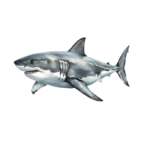 Watercolor illustration of a great white shark swimming on a plain isolated canvas space view transparent background png