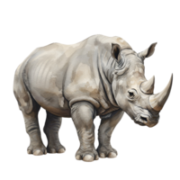 Illustration of a rhinoceros standing with a plain background in a side view facing to the right transparent background png