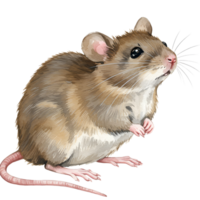 Illustration of a brown mouse with pink nose and tail on a transparent background looking upwards transparent background png